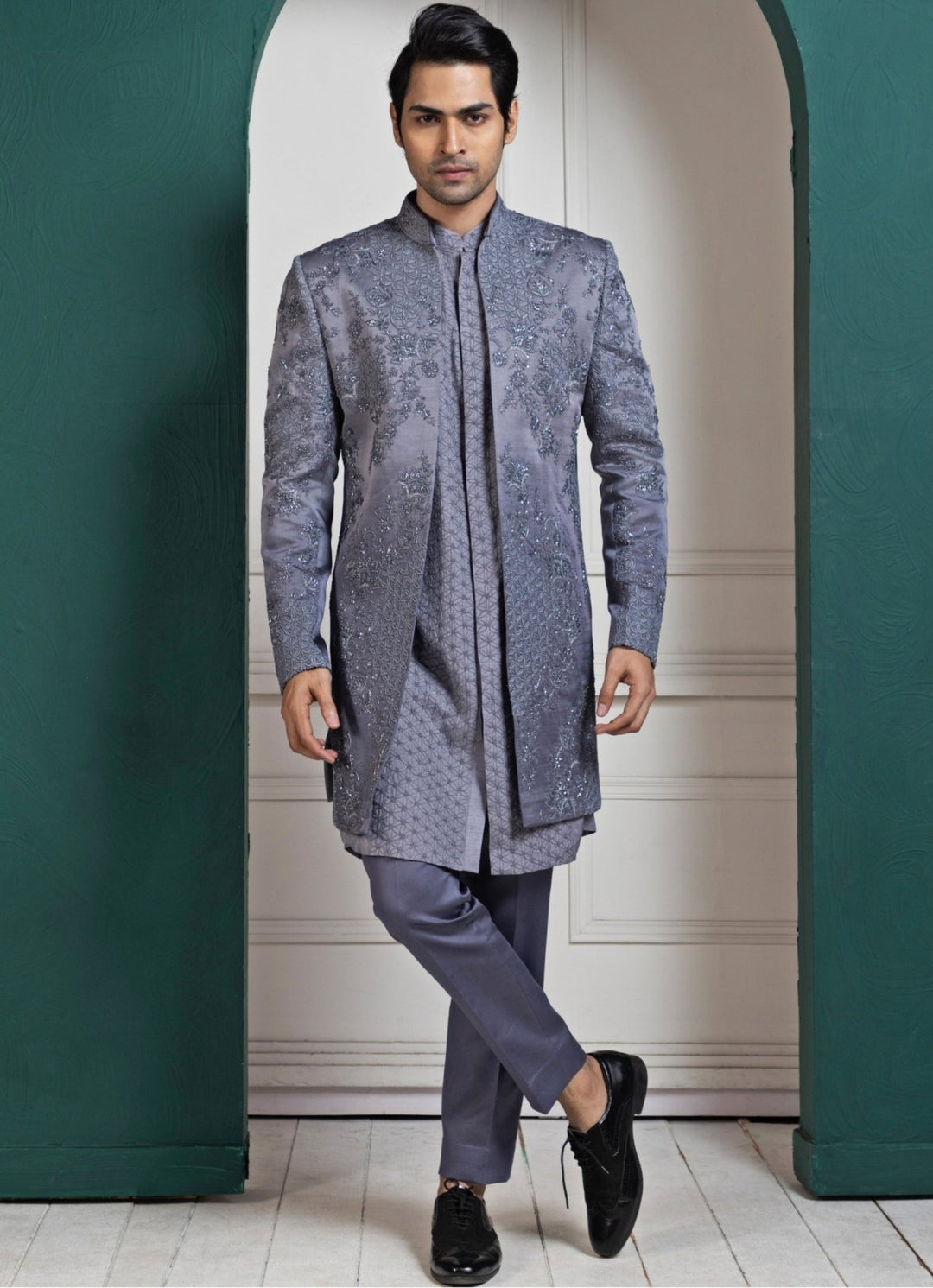 Grey Satin Embroidered Sherwani and Kurta Pant Set Smriti - Fabilicious Fashion