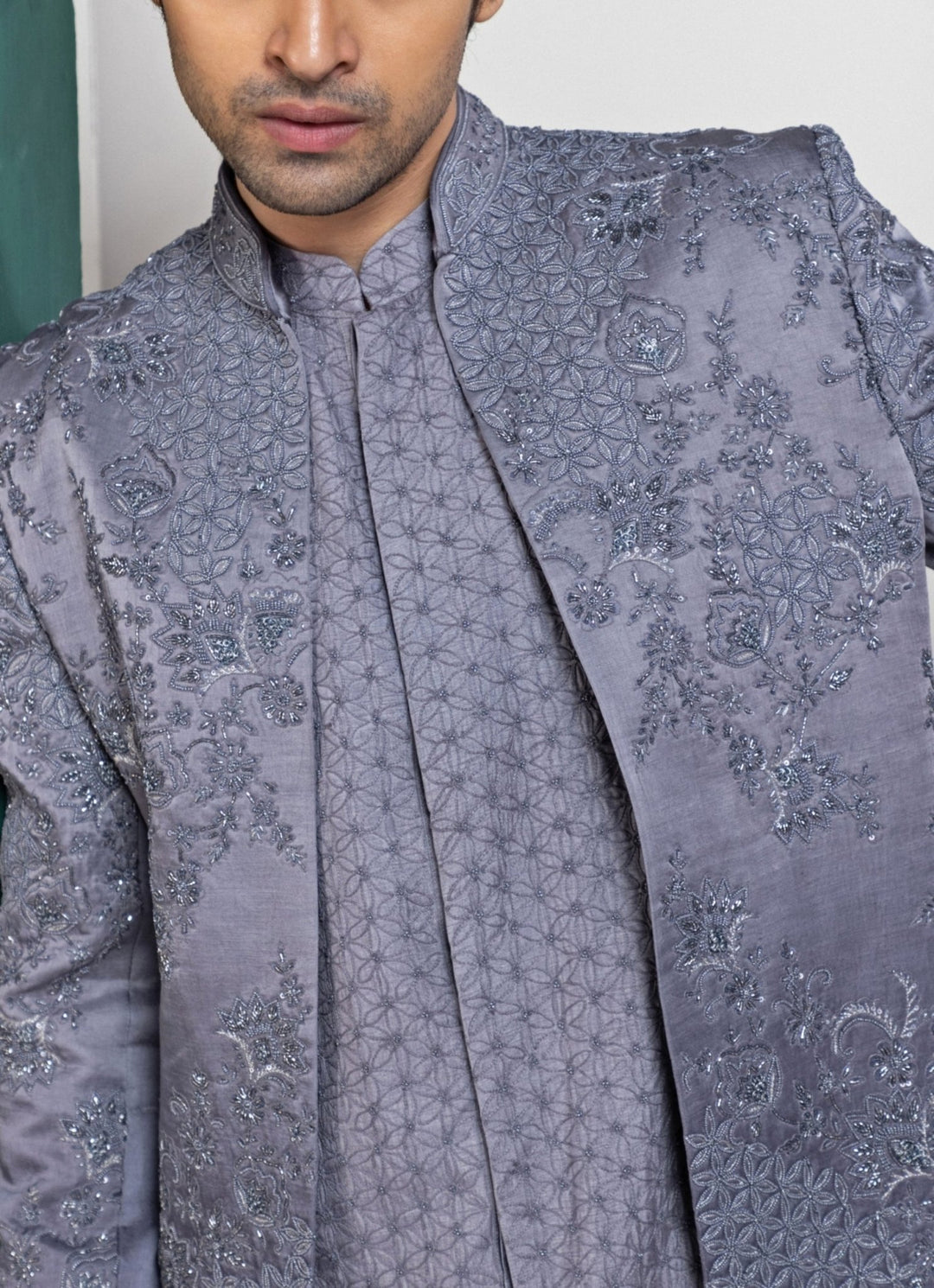 Grey Satin Embroidered Sherwani and Kurta Pant Set Smriti - Fabilicious Fashion
