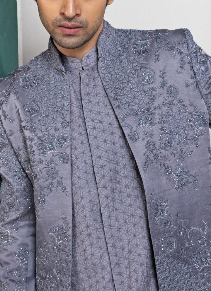 Grey Satin Embroidered Sherwani and Kurta Pant Set Smriti - Fabilicious Fashion
