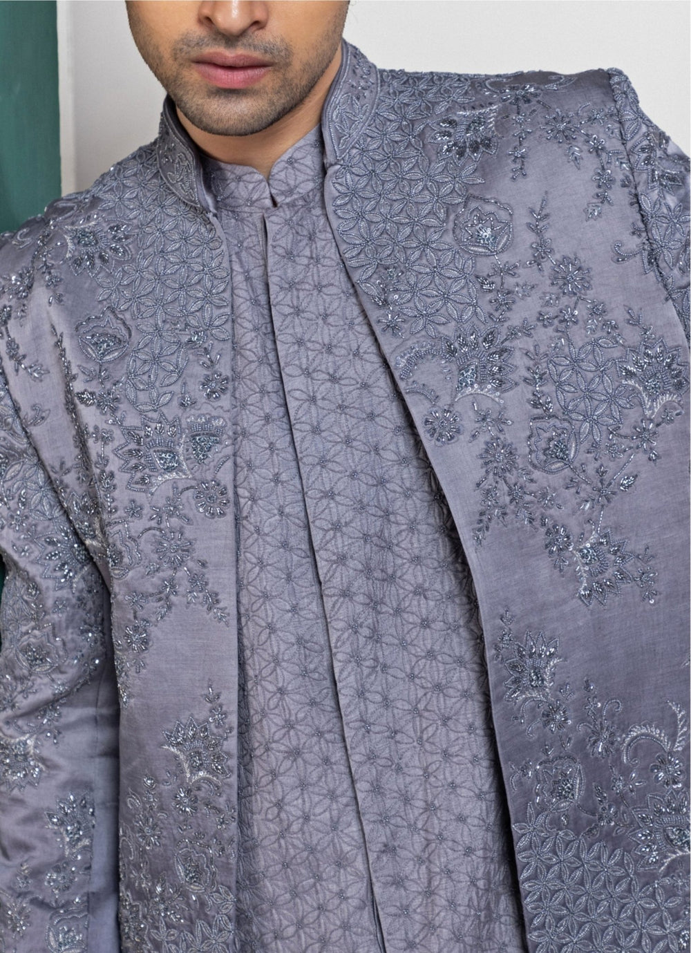Grey Satin Embroidered Sherwani Smriti - Fabilicious Fashion