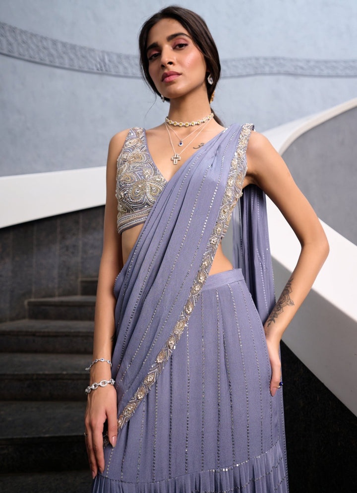 Grey Sequin Tiered Georgette Pre Draped Saree Chamee and Palak - Fabilicious Fashion