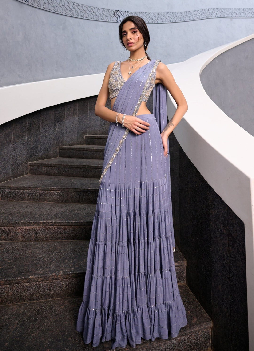 Grey Sequin Tiered Georgette Pre Draped Saree Chamee and Palak - Fabilicious Fashion