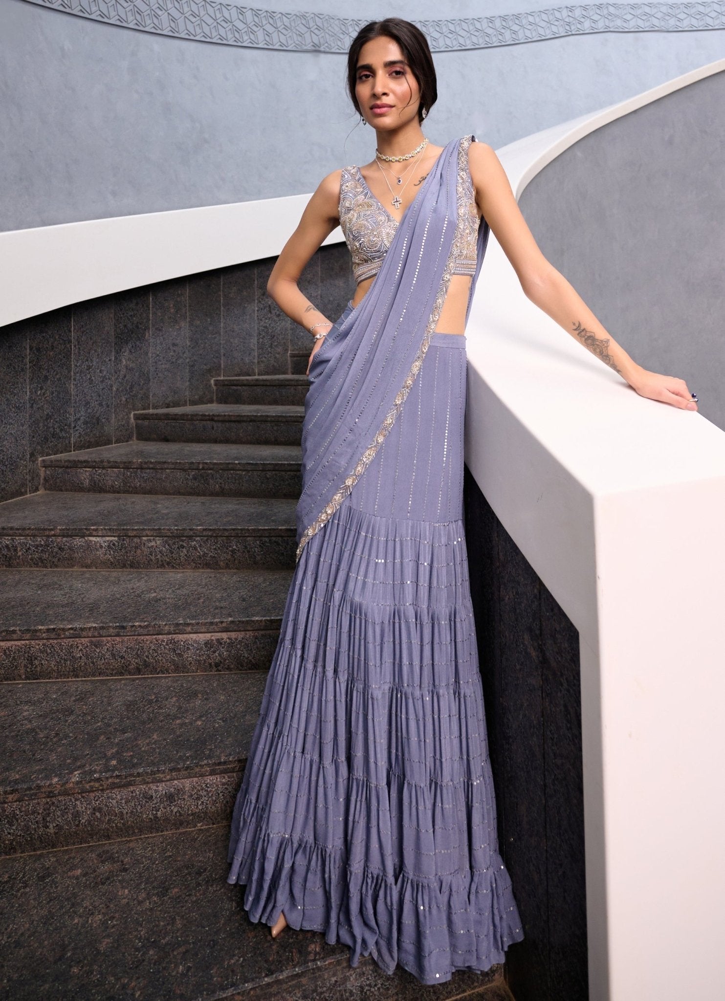 Grey sequin tiered georgette saree set Chamee Palak designer wear