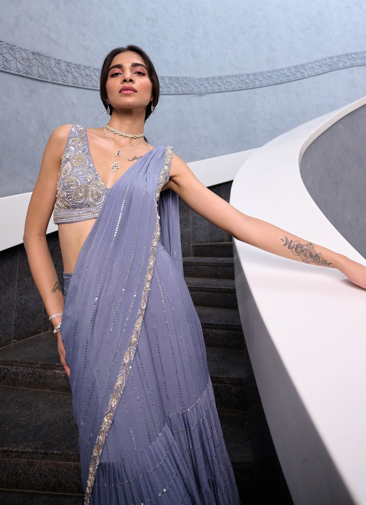 Grey Sequin Tiered Georgette Pre Draped Saree Chamee and Palak - Fabilicious Fashion