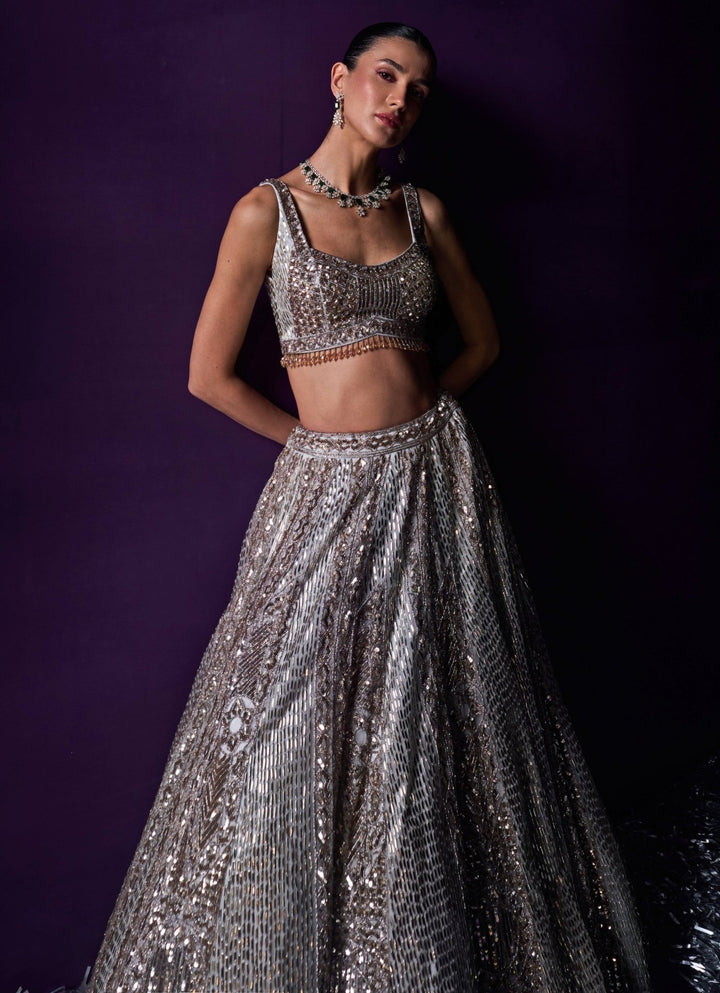 Grey Sequins Embroidered Bridal Lehenga Set Angad Singh - Fabilicious Fashion