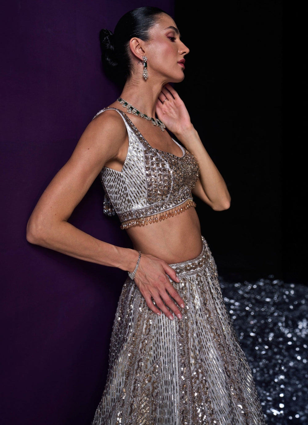 Grey Sequins Embroidered Bridal Lehenga Set Angad Singh - Fabilicious Fashion