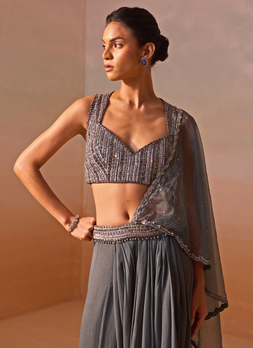Nitika Gujral Grey Shimmer Georgette Pre Draped SareeFabilicious Fashion