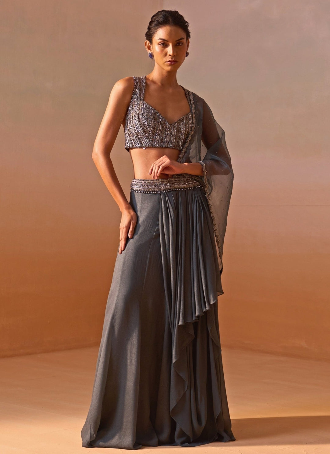 Nitika Gujral Grey Shimmer Georgette Pre Draped SareeFabilicious Fashion