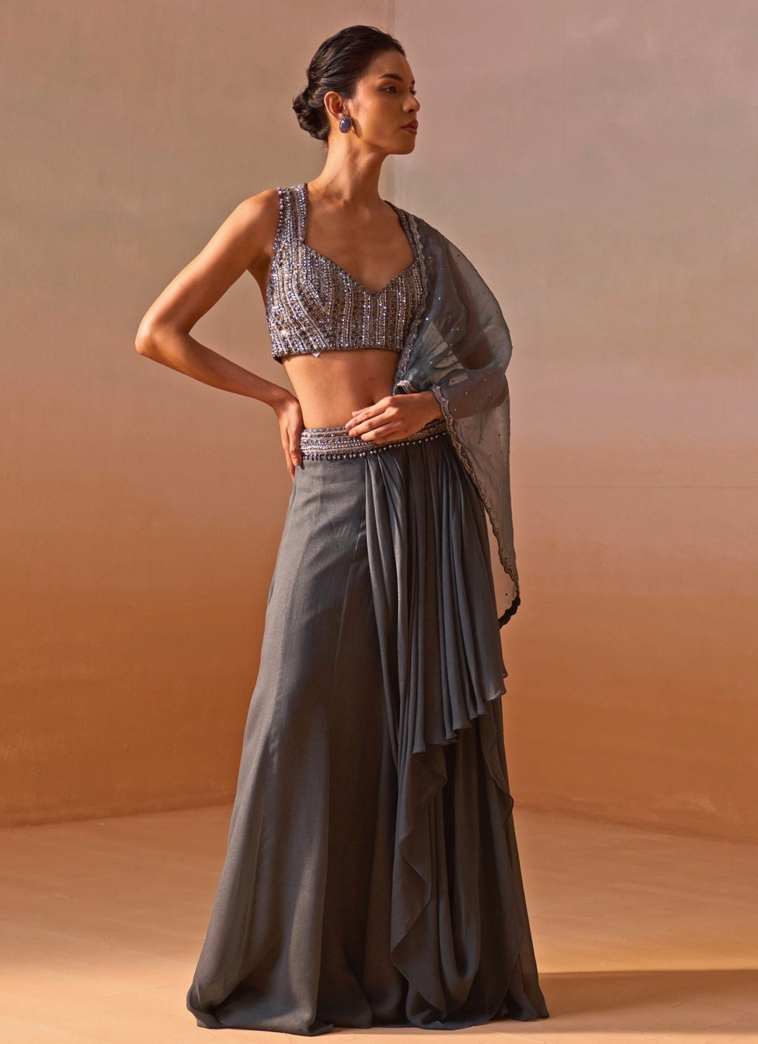 Nitika Gujral Grey Shimmer Georgette Pre Draped SareeFabilicious Fashion