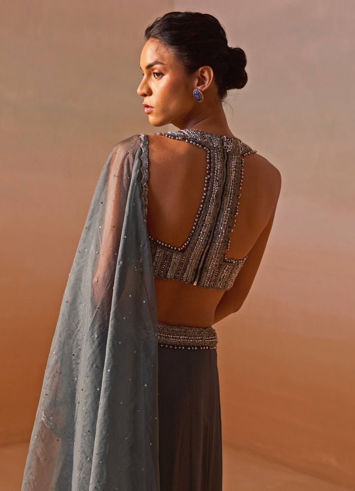 Nitika Gujral Grey Shimmer Georgette Pre Draped SareeFabilicious Fashion