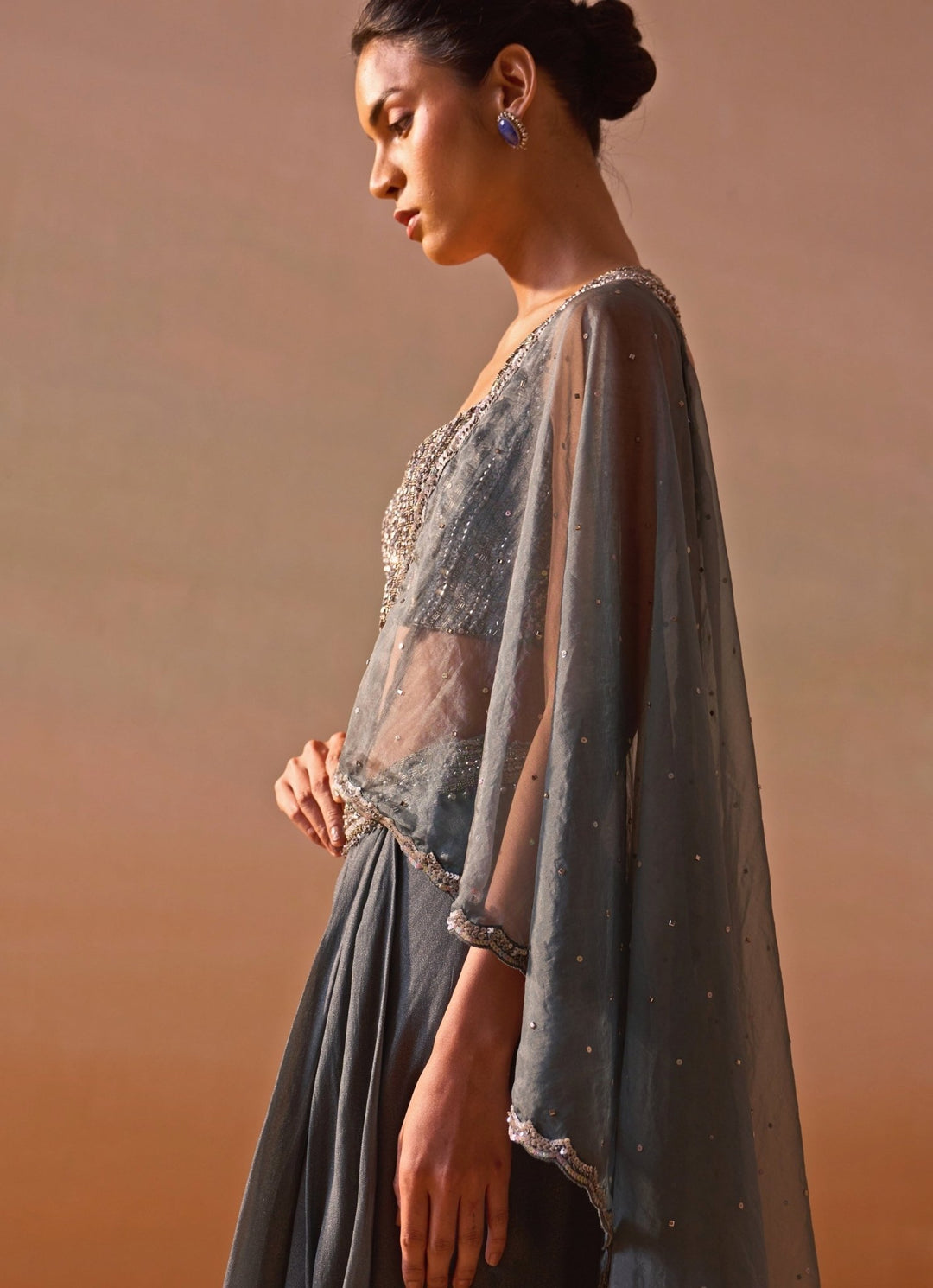 Nitika Gujral Grey Shimmer Georgette Pre Draped SareeFabilicious Fashion