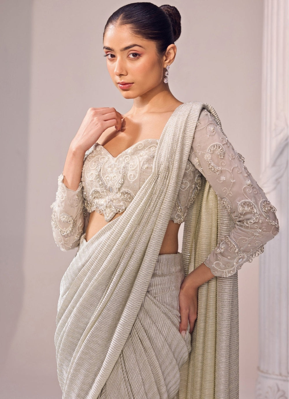 Grey Shimmer Predraped Saree Jade by Ashima - Fabilicious Fashion