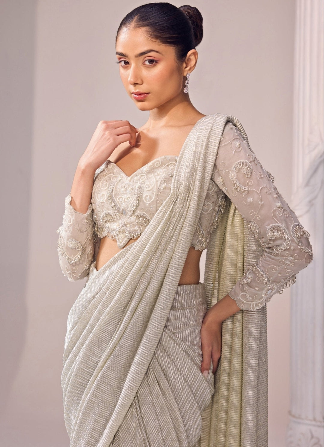 Grey Shimmer Predraped Saree Jade by Ashima - Fabilicious Fashion