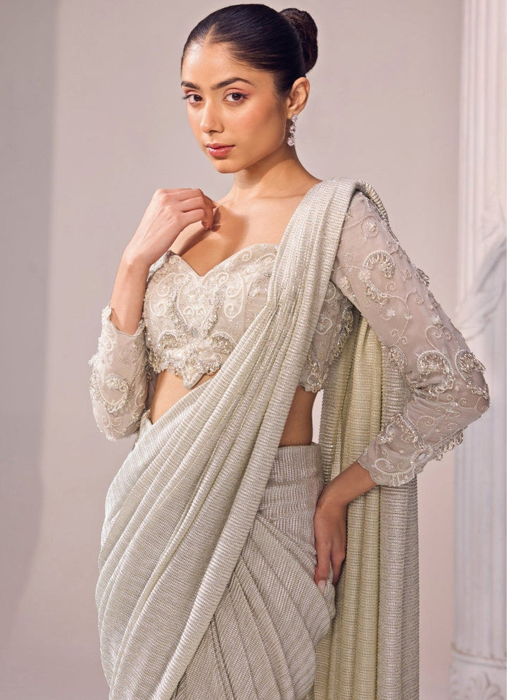 Grey Shimmer Predraped Saree Jade by Ashima - Fabilicious Fashion