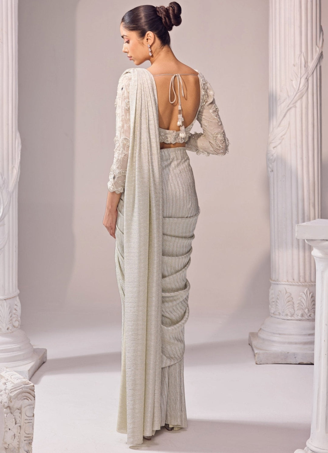 Grey Shimmer Predraped Saree Jade by Ashima - Fabilicious Fashion