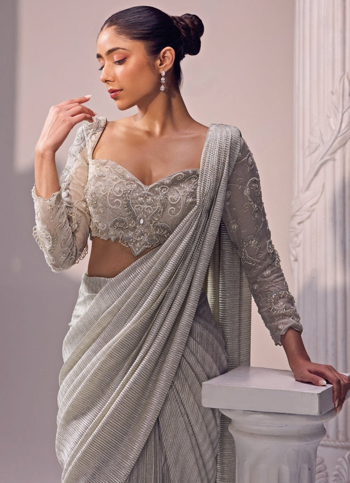 Grey Shimmer Predraped Saree Jade by Ashima - Fabilicious Fashion