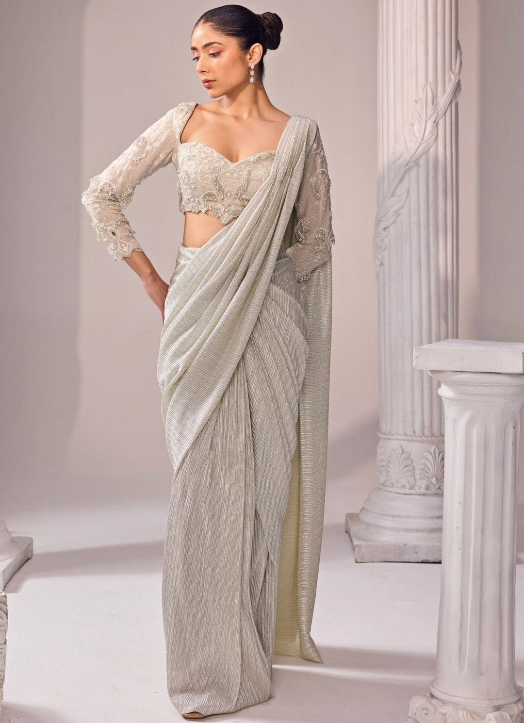 Grey Shimmer Predraped Saree Jade by Ashima - Fabilicious Fashion