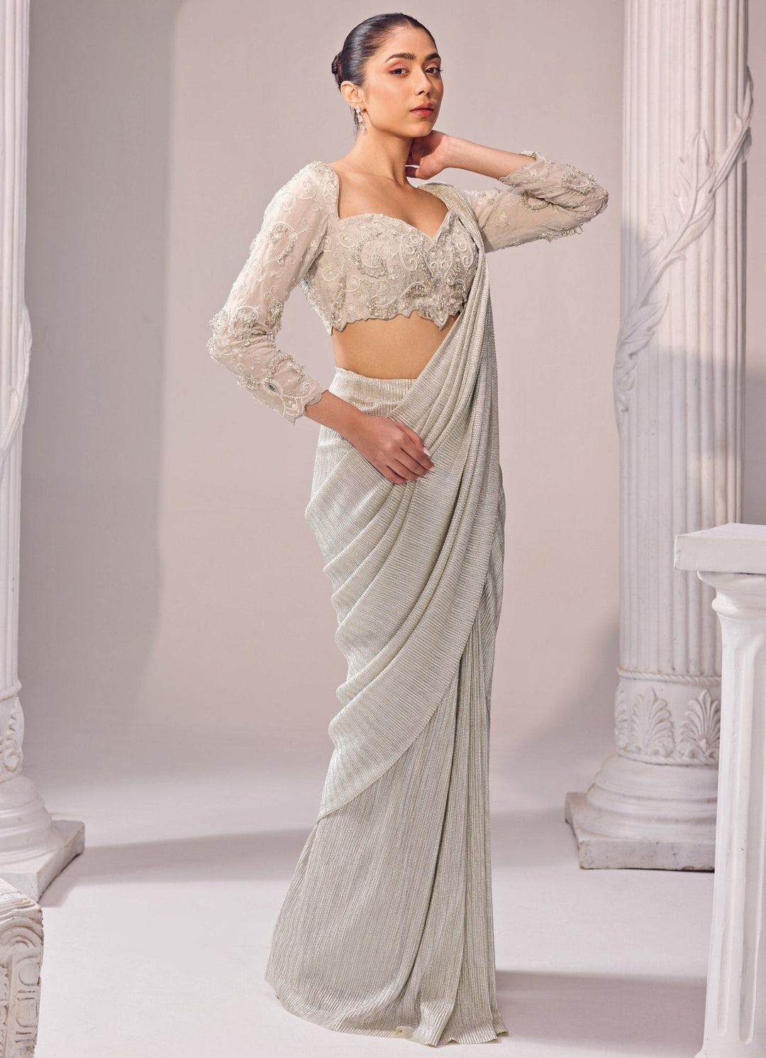 Grey Shimmer Predraped Saree Jade by Ashima - Fabilicious Fashion