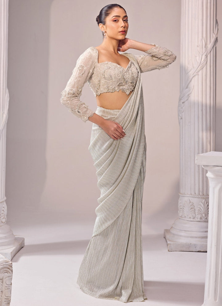 Grey Shimmer Predraped Saree Jade by Ashima - Fabilicious Fashion