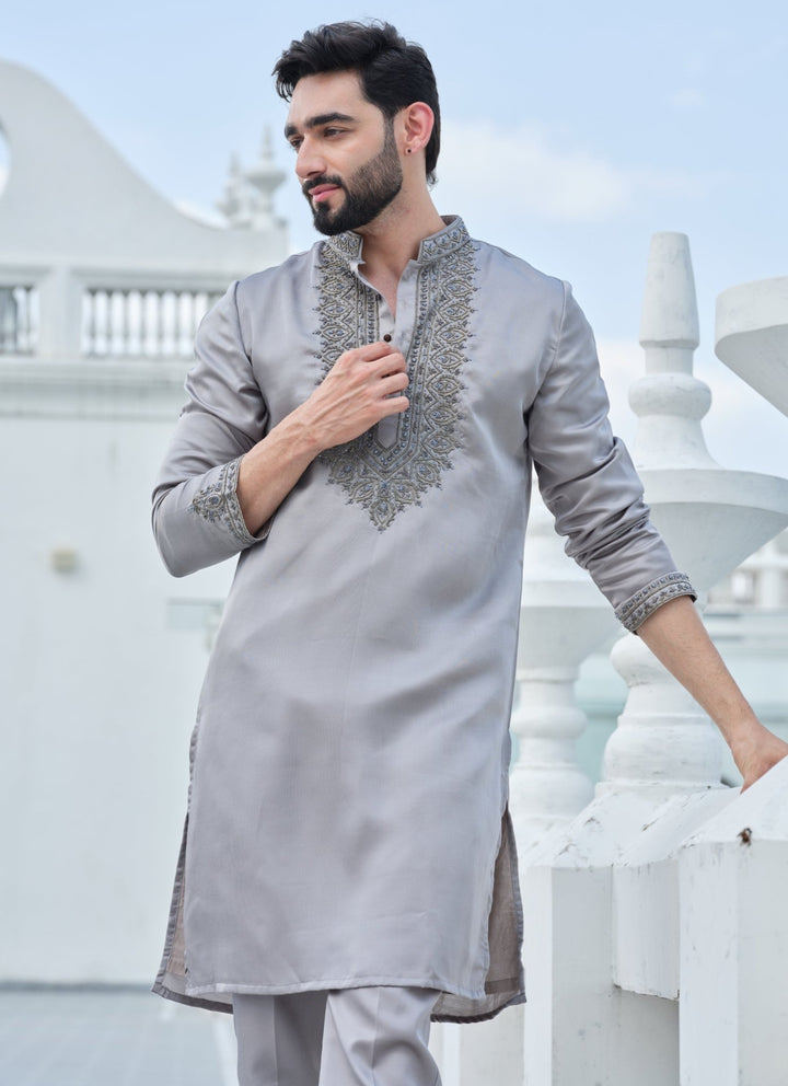 Darzi House Grey Silk Blend Kurta Pants SetFabilicious Fashion