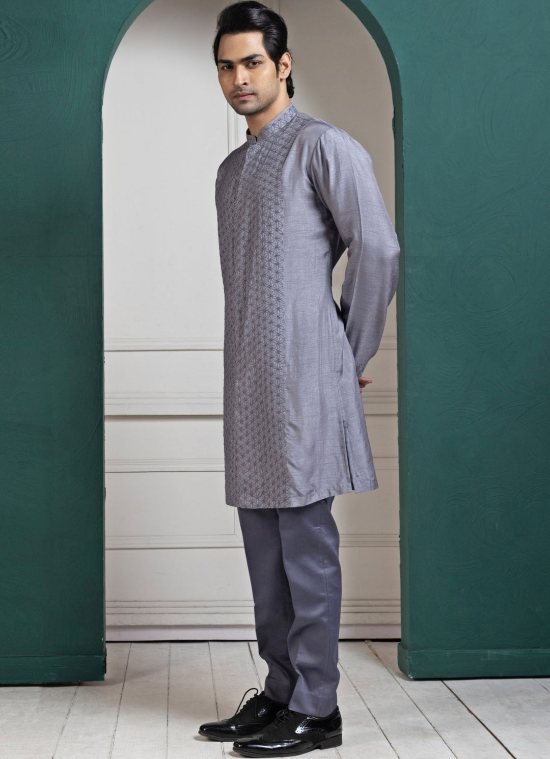 Grey Silk Embroidered Kurta Pant Set Smriti - Fabilicious Fashion