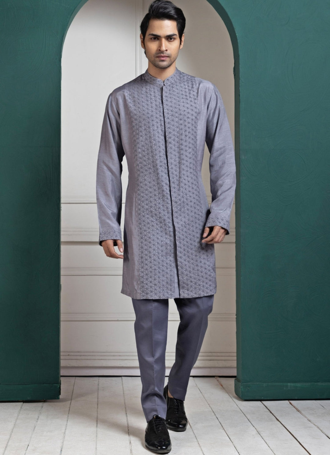 Grey Silk Embroidered Kurta Pant Set Smriti - Fabilicious Fashion