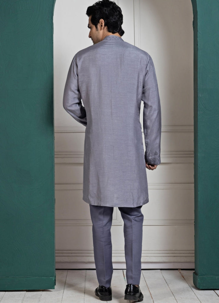 Grey Silk Embroidered Kurta Pant Set Smriti - Fabilicious Fashion