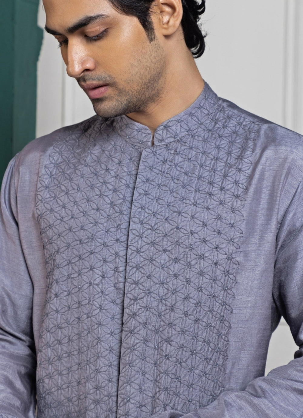 Grey Silk Embroidered Kurta Pant Set Smriti - Fabilicious Fashion