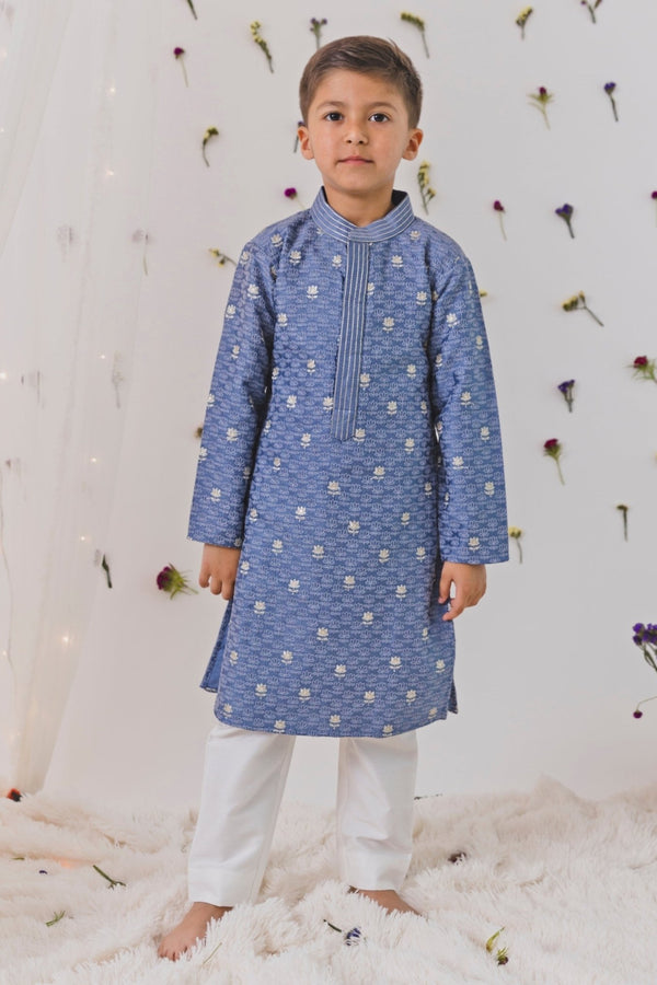 Boys' grey silk kurta set by Chotibuti for an Indian wedding family palette