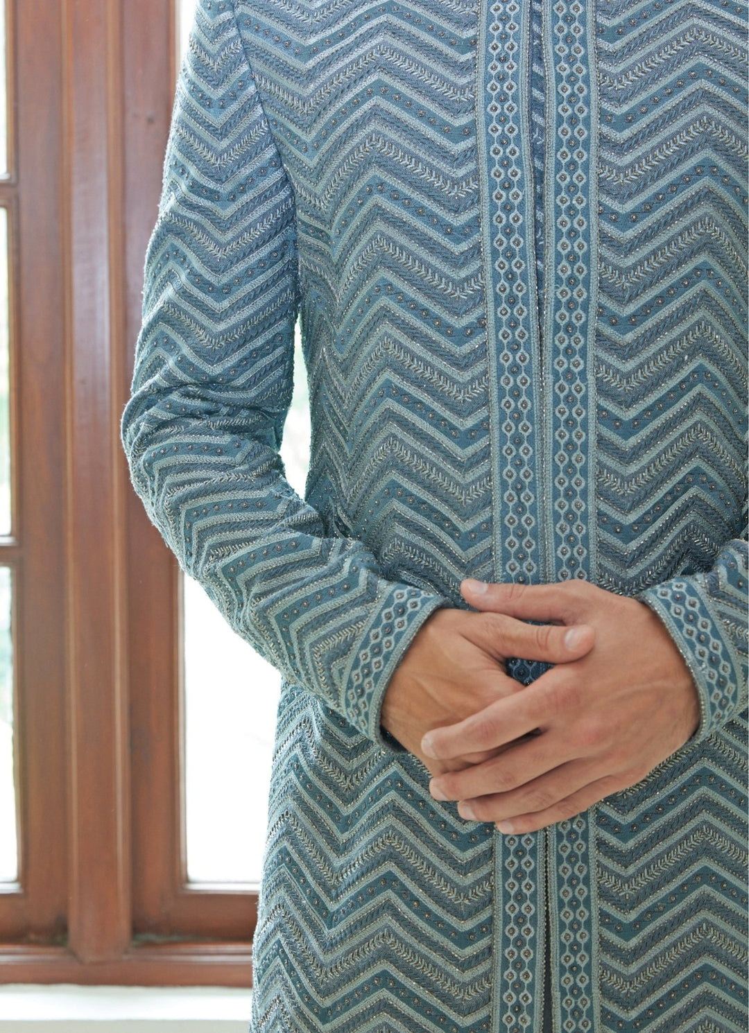 Grey Silk Short Sherwani Set Nitika Gujral - Men - Fabilicious Fashion