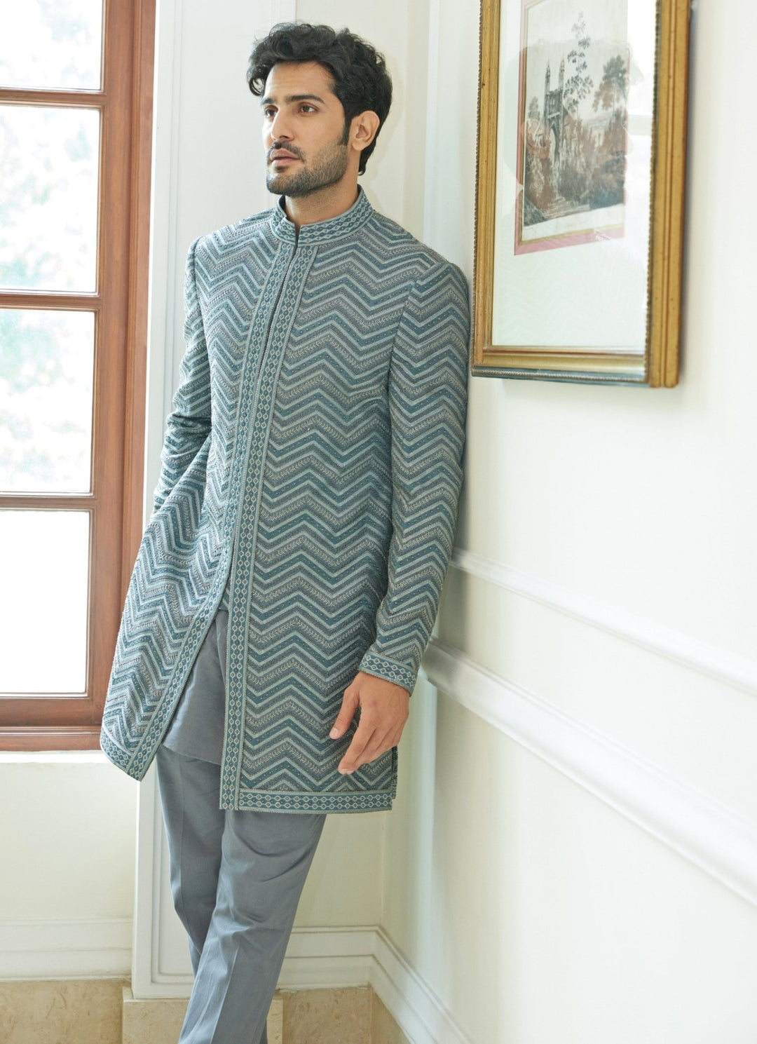 Grey Silk Short Sherwani Set Nitika Gujral - Men - Fabilicious Fashion