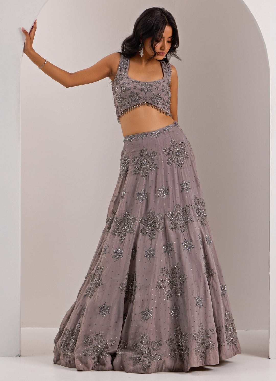 Grey Snowflake Embellished Lehenga Set Silky Bindra - Fabilicious Fashion