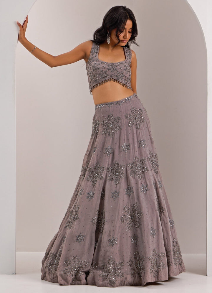 Grey Snowflake Embellished Lehenga Set Silky Bindra - Fabilicious Fashion