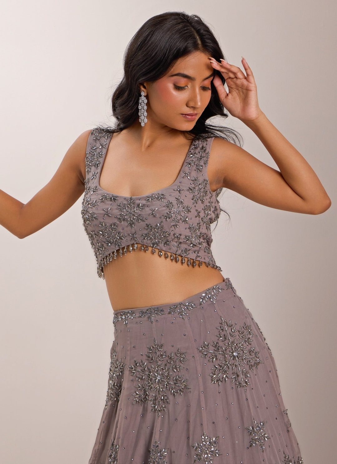 Grey Snowflake Embellished Lehenga Set Silky Bindra - Fabilicious Fashion