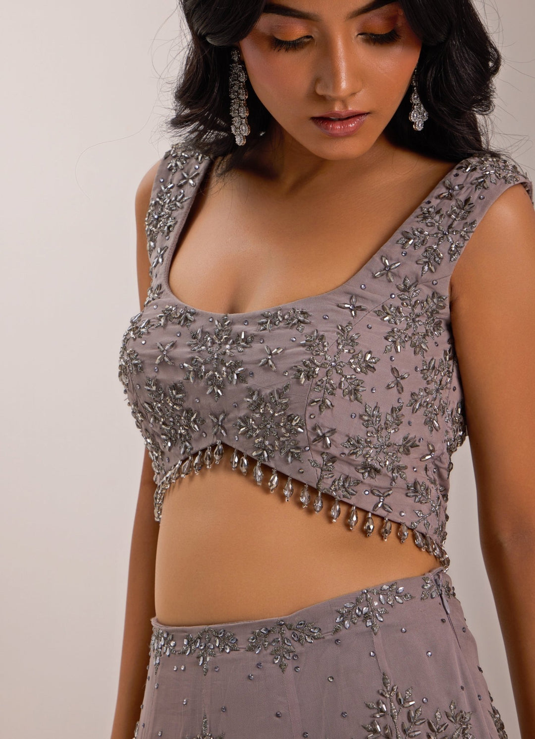 Grey Snowflake Embellished Lehenga Set Silky Bindra - Fabilicious Fashion
