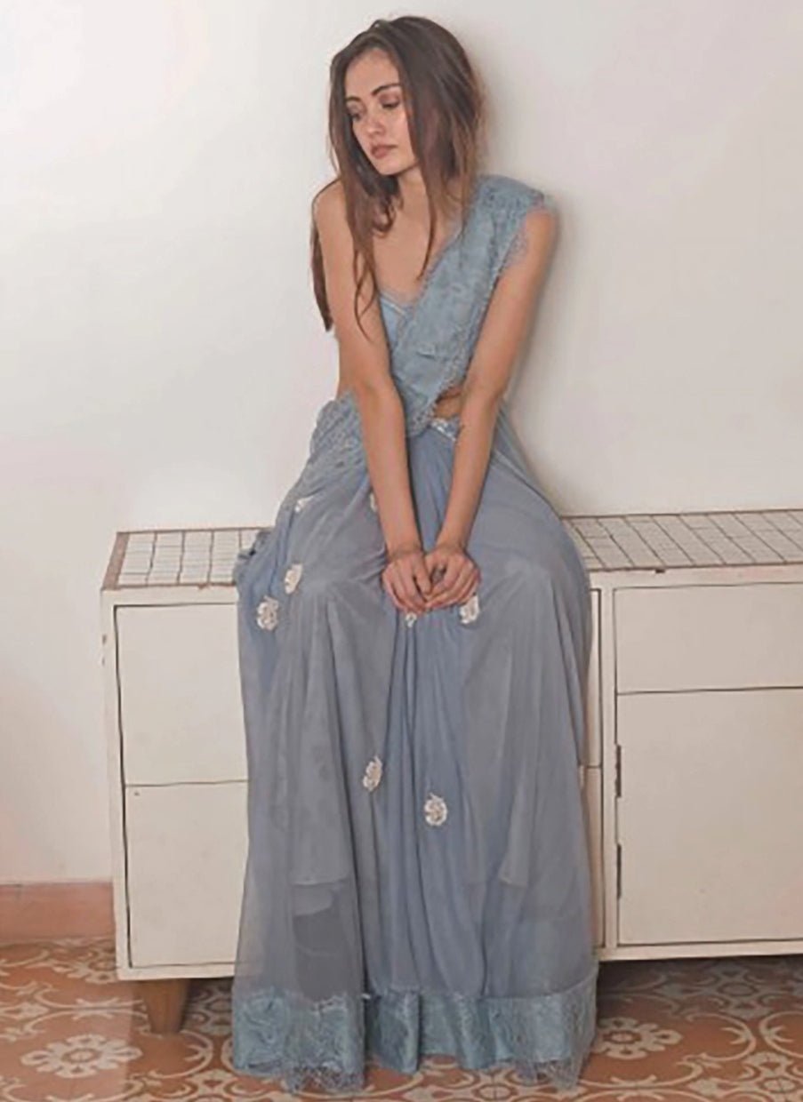 The Little Black Bow Grey Soft Net Hand Printed SareeFabilicious Fashion