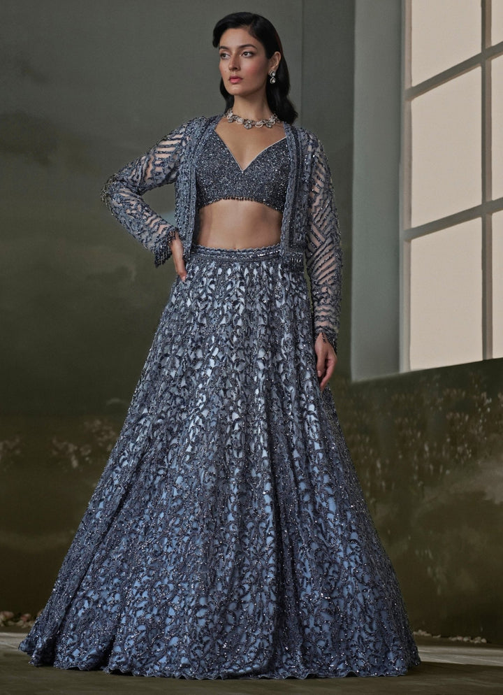 Grey Soft Net Lehenga Set With Jacket Nitika Gujral - Fabilicious Fashion