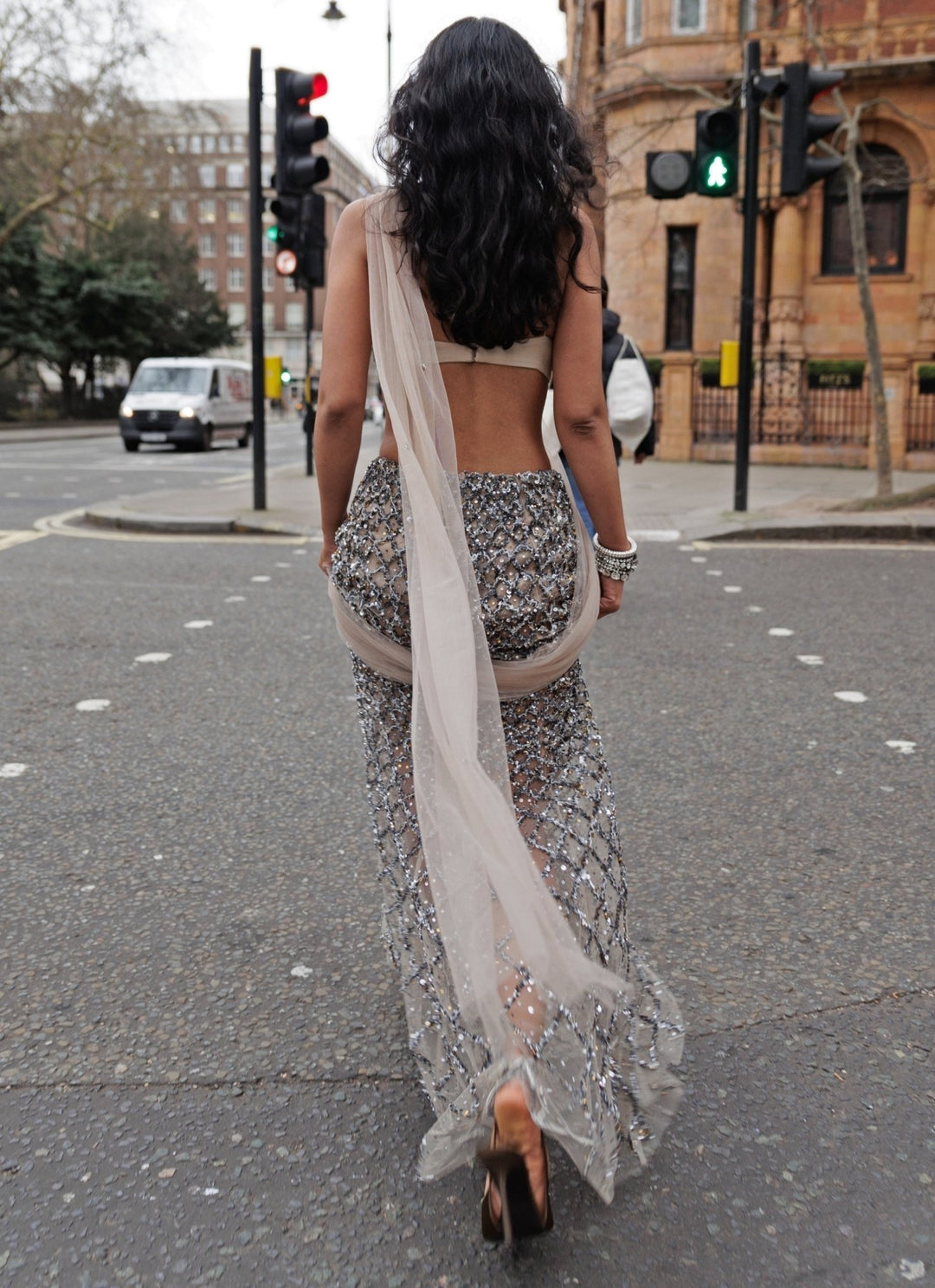 The Little Black Bow Grey Soft Net Pre-Draped Concept SareeFabilicious Fashion