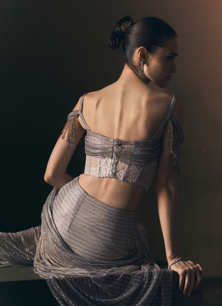 Angad Singh Grey Soft Net Pre-Draped SareeFabilicious Fashion