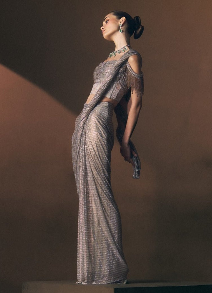Angad Singh Grey Soft Net Pre-Draped SareeFabilicious Fashion
