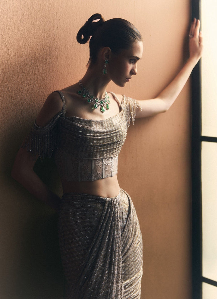 Angad Singh Grey Soft Net Pre-Draped SareeFabilicious Fashion