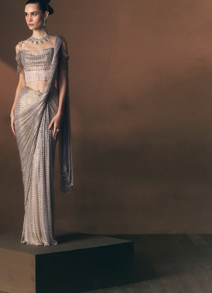 Angad Singh Grey Soft Net Pre-Draped SareeFabilicious Fashion