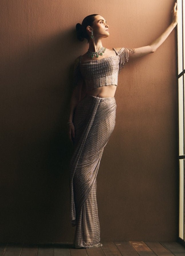Angad Singh Grey Soft Net Pre-Draped SareeFabilicious Fashion