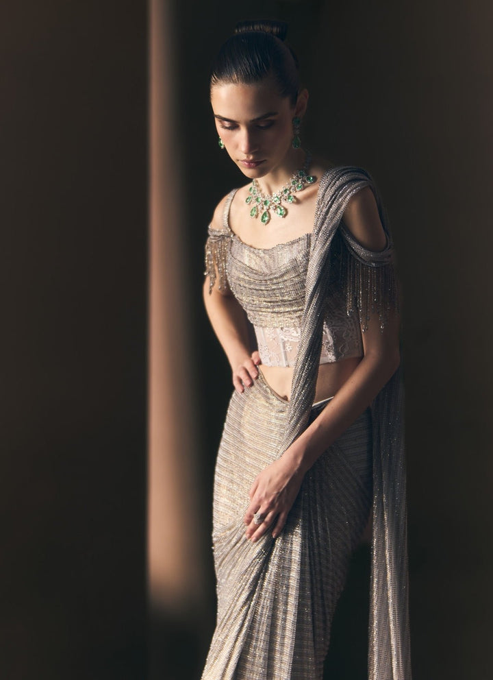 Angad Singh Grey Soft Net Pre-Draped SareeFabilicious Fashion