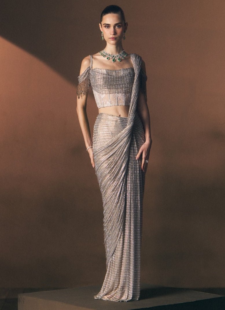 Angad Singh Grey Soft Net Pre-Draped SareeFabilicious Fashion