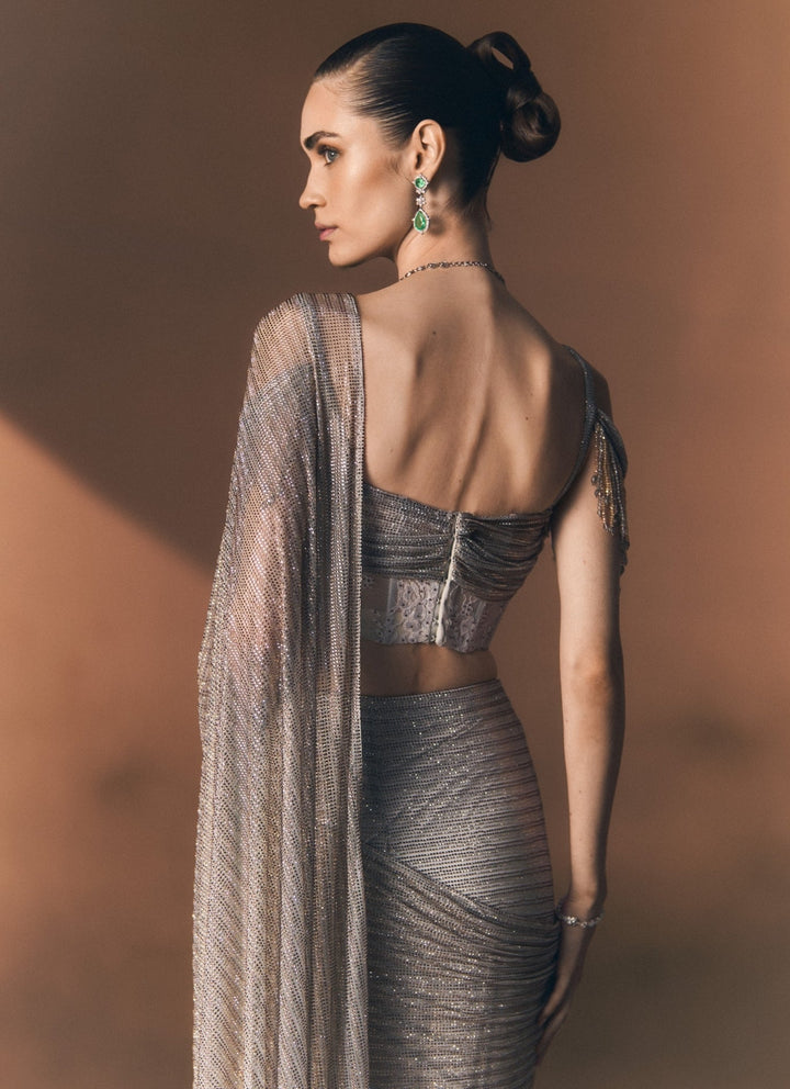 Angad Singh Grey Soft Net Pre-Draped SareeFabilicious Fashion