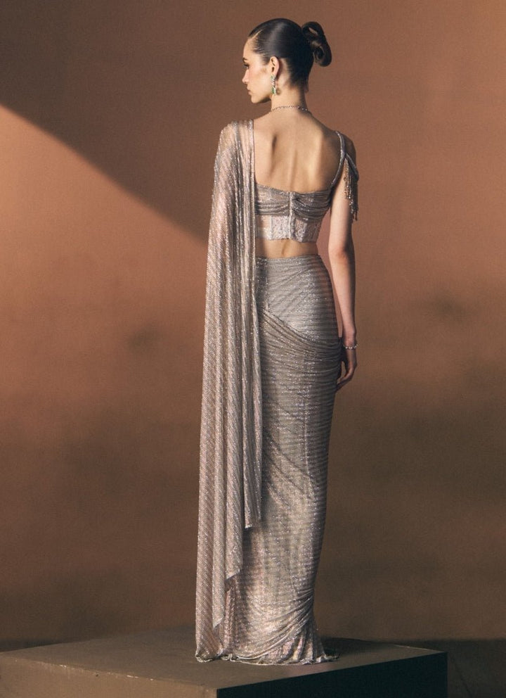 Angad Singh Grey Soft Net Pre-Draped SareeFabilicious Fashion