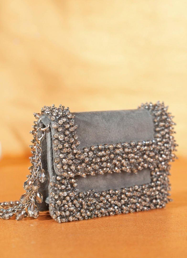 Grey Suede Crystal Embellished Mini Bag House of Kosha - Fabilicious Fashion