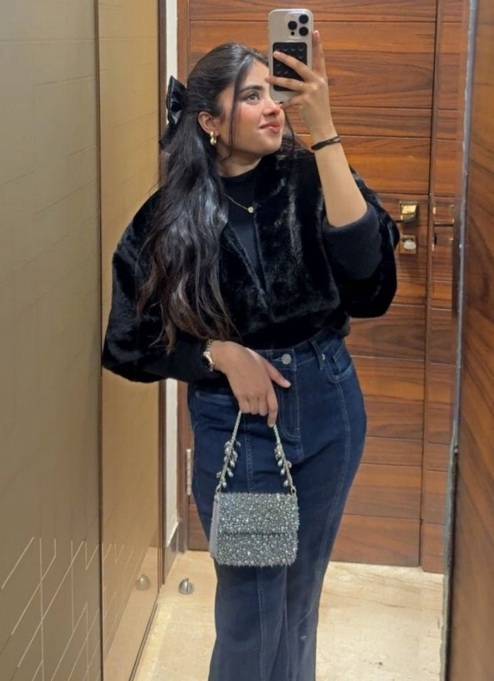 Grey Suede Crystal Embellished Mini Bag House of Kosha - Fabilicious Fashion