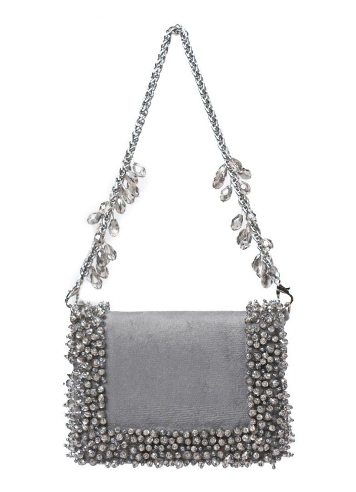 Grey Suede Crystal Embellished Mini Bag House of Kosha - Fabilicious Fashion